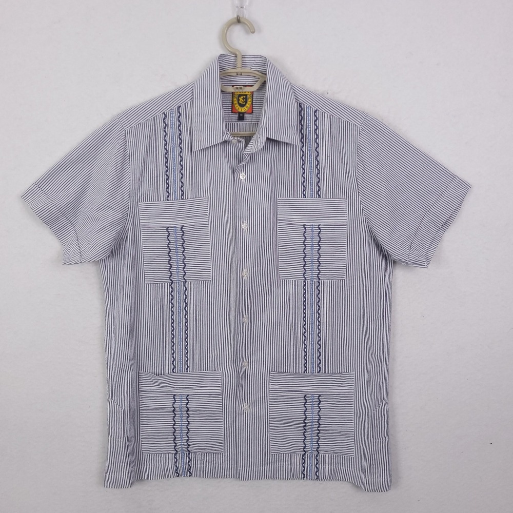 San Cristobal Guayabera Shirt Mens Sz M Striped Cotton Seersucker Embroidered